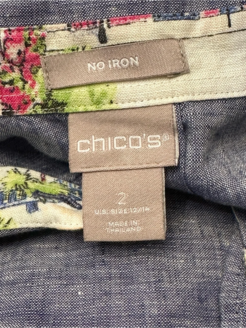 Chico’s No Iron 100% Linen Inner Beauty Tunic Shirt Floral Trim Size 2 L - Picture 4 of 11